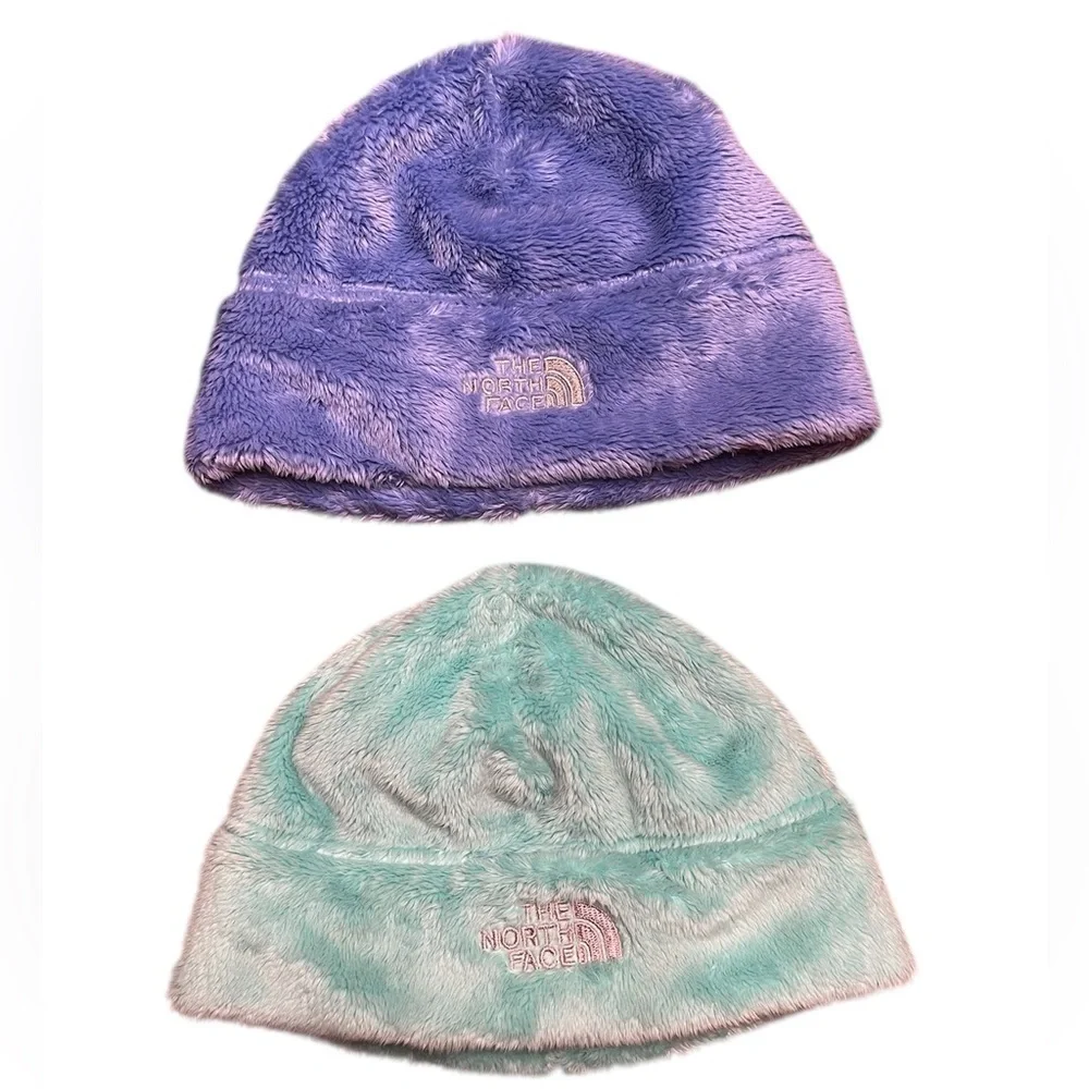 Lot of 2 The North Face Plush Beanies Blue/Green Youth/Girls Size S
